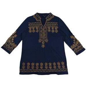 Navy Blue Gold Embroidered Boho Kurta Tunic Ethnic Luxe Blouse Size S.